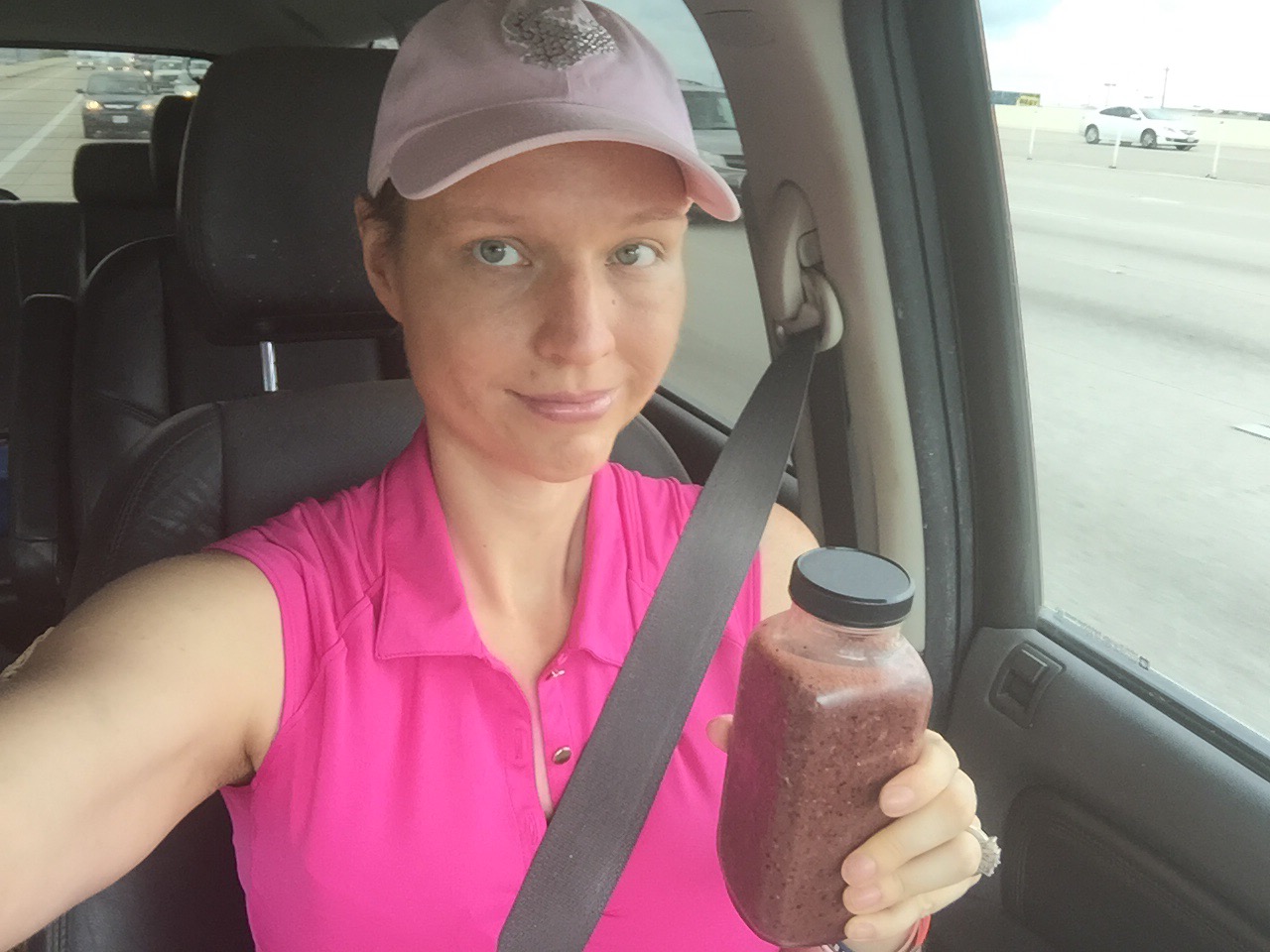 Getting veggies into smoothie for breakfast on the road to MD Anderson